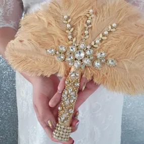 Feather wedding Fan gold Ostrich feather Gatsby fan 1920's bouquet by Crystal wedding uk