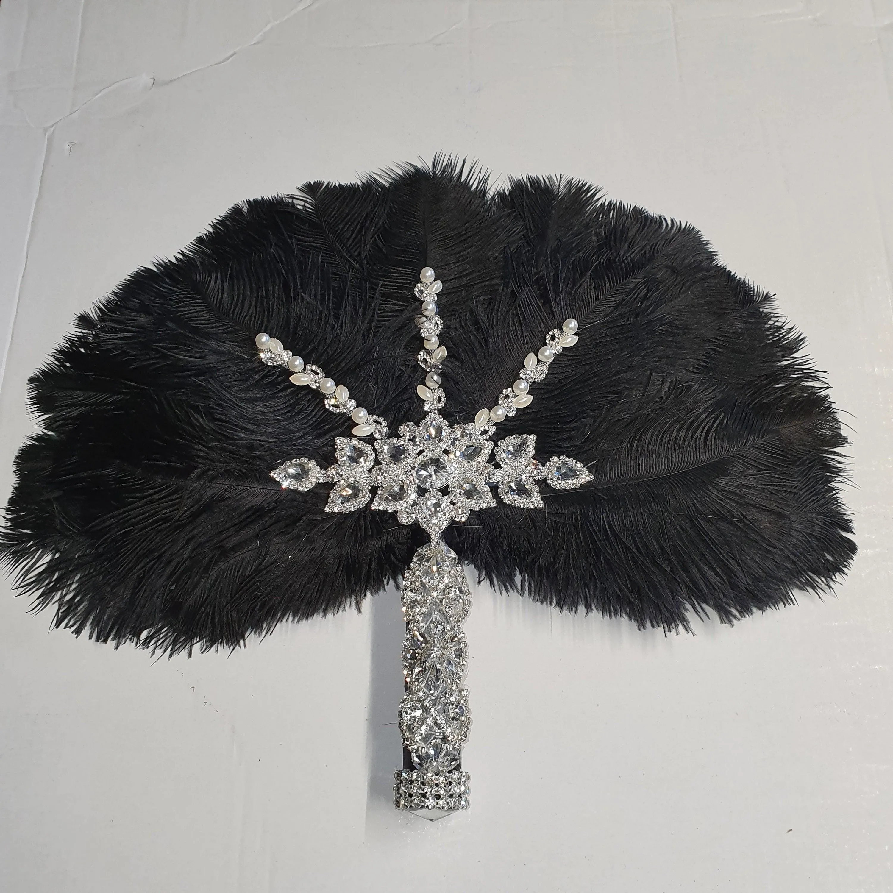 Feather wedding Fan gold Ostrich feather Gatsby fan 1920's bouquet by Crystal wedding uk