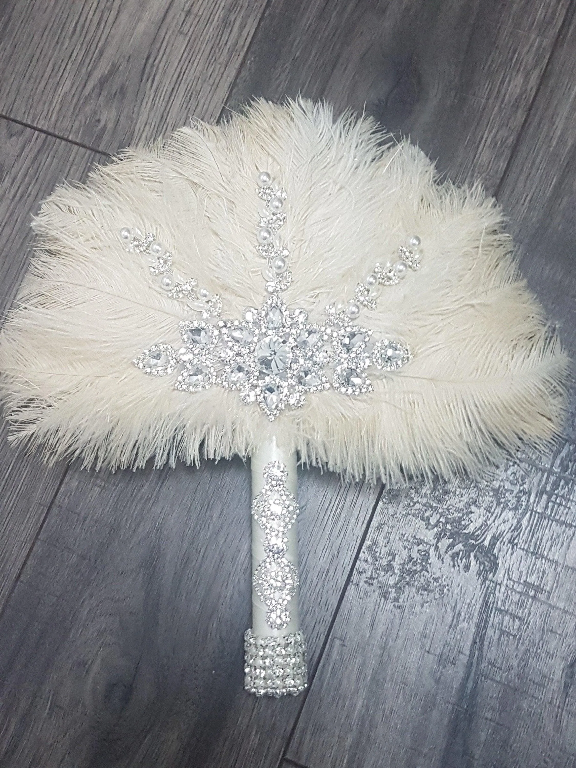 Feather wedding Fan gold Ostrich feather Gatsby fan 1920's bouquet by Crystal wedding uk