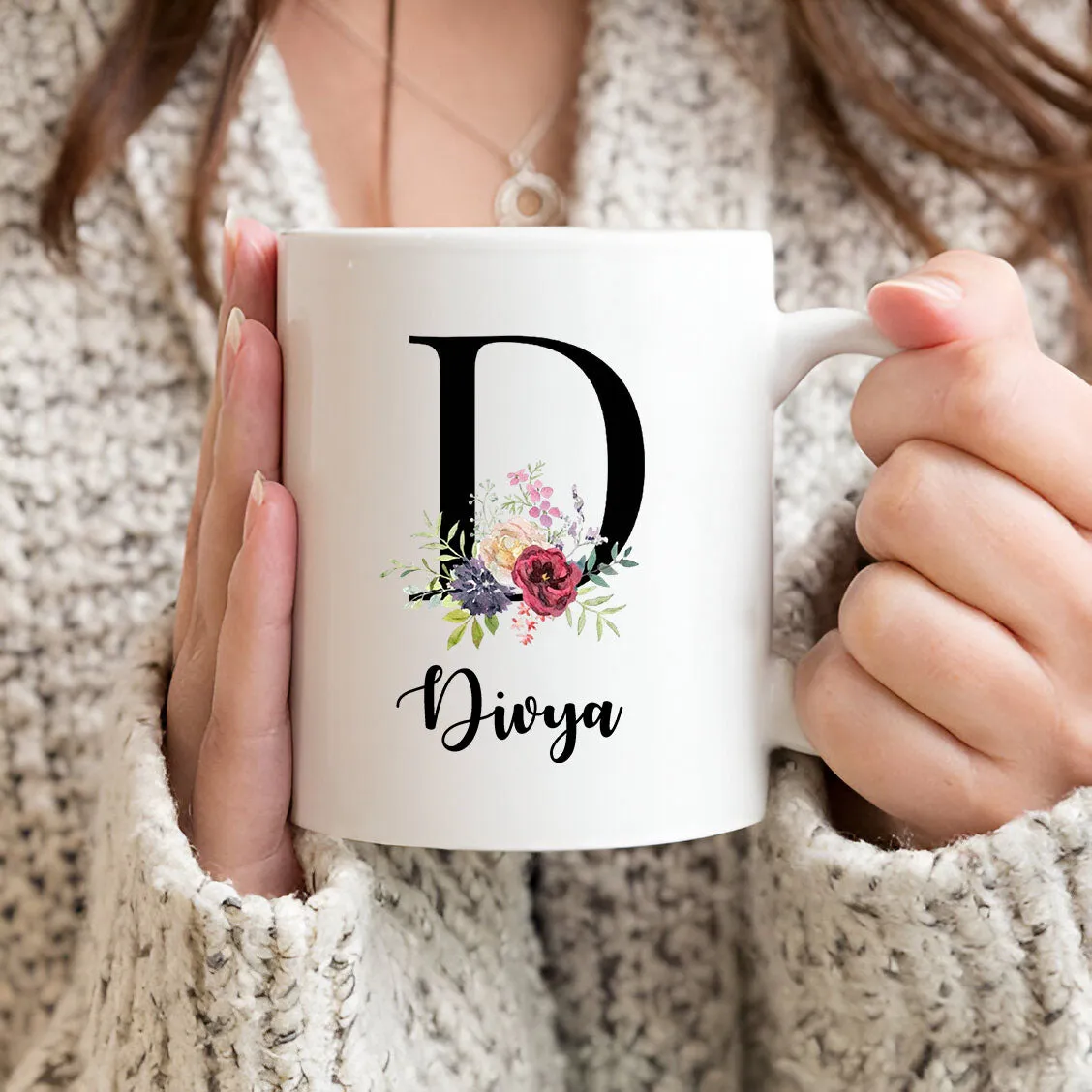 Floral Letter Name Printed White Coffee Mug