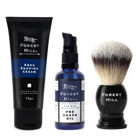 Forest Hill Pack of 3 Men Shaving Kit, Black Ashford Shaving Brush With Holder, Aqua Shaving Cream 75gm & Pre Shave Oil 50ml