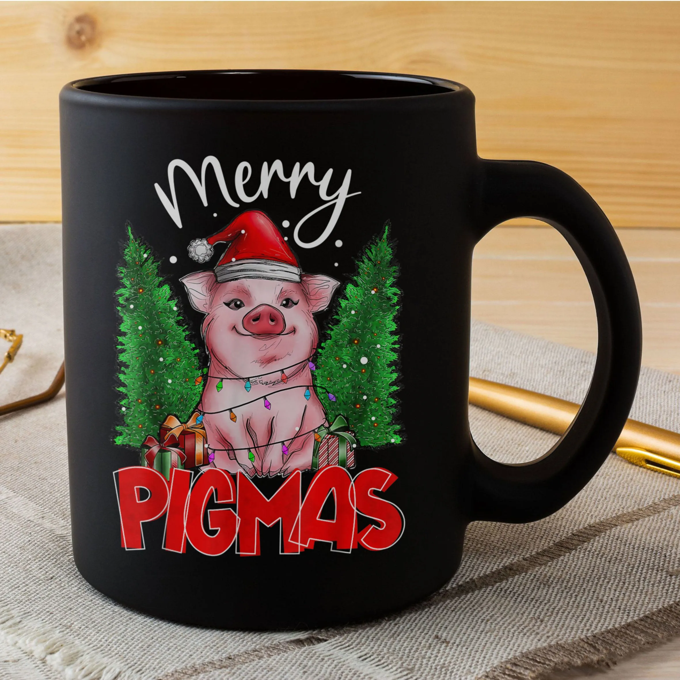 Funny Pig Christmas Merry Pigmas Xmas Lights Women Kids Mug