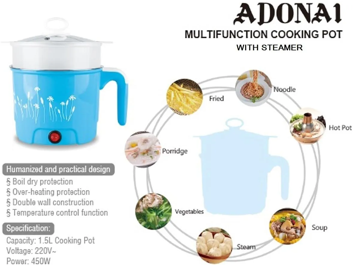 G R 1.5 Litre Electric Cooker | Rice Cooker, Food Steamer, Egg Boiler, Travel Cooker | Stainless Steel Lid | Cool Touch Handles | Detachable Power Cord - Blue