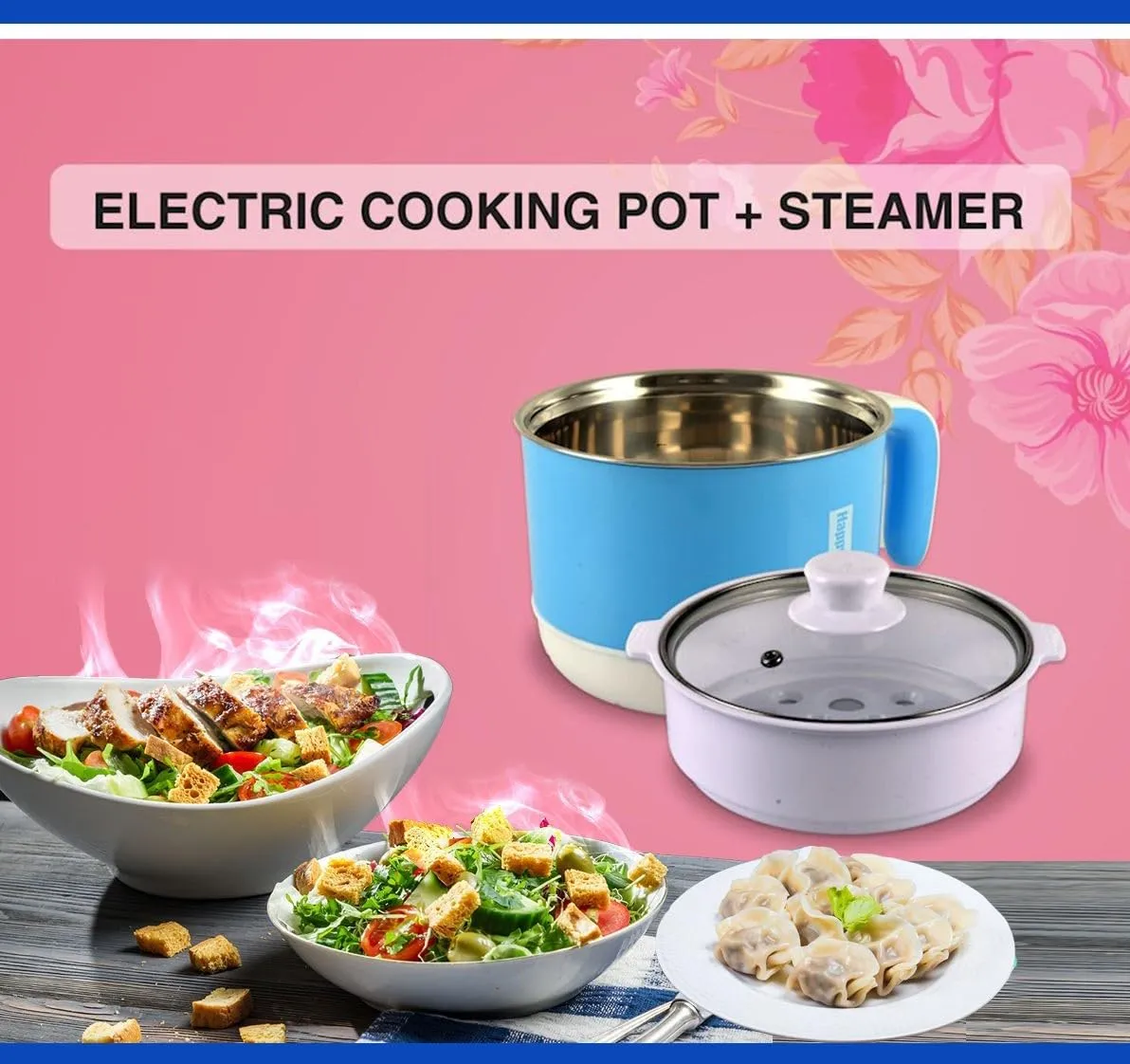 G R 1.5 Litre Electric Cooker | Rice Cooker, Food Steamer, Egg Boiler, Travel Cooker | Stainless Steel Lid | Cool Touch Handles | Detachable Power Cord - Blue