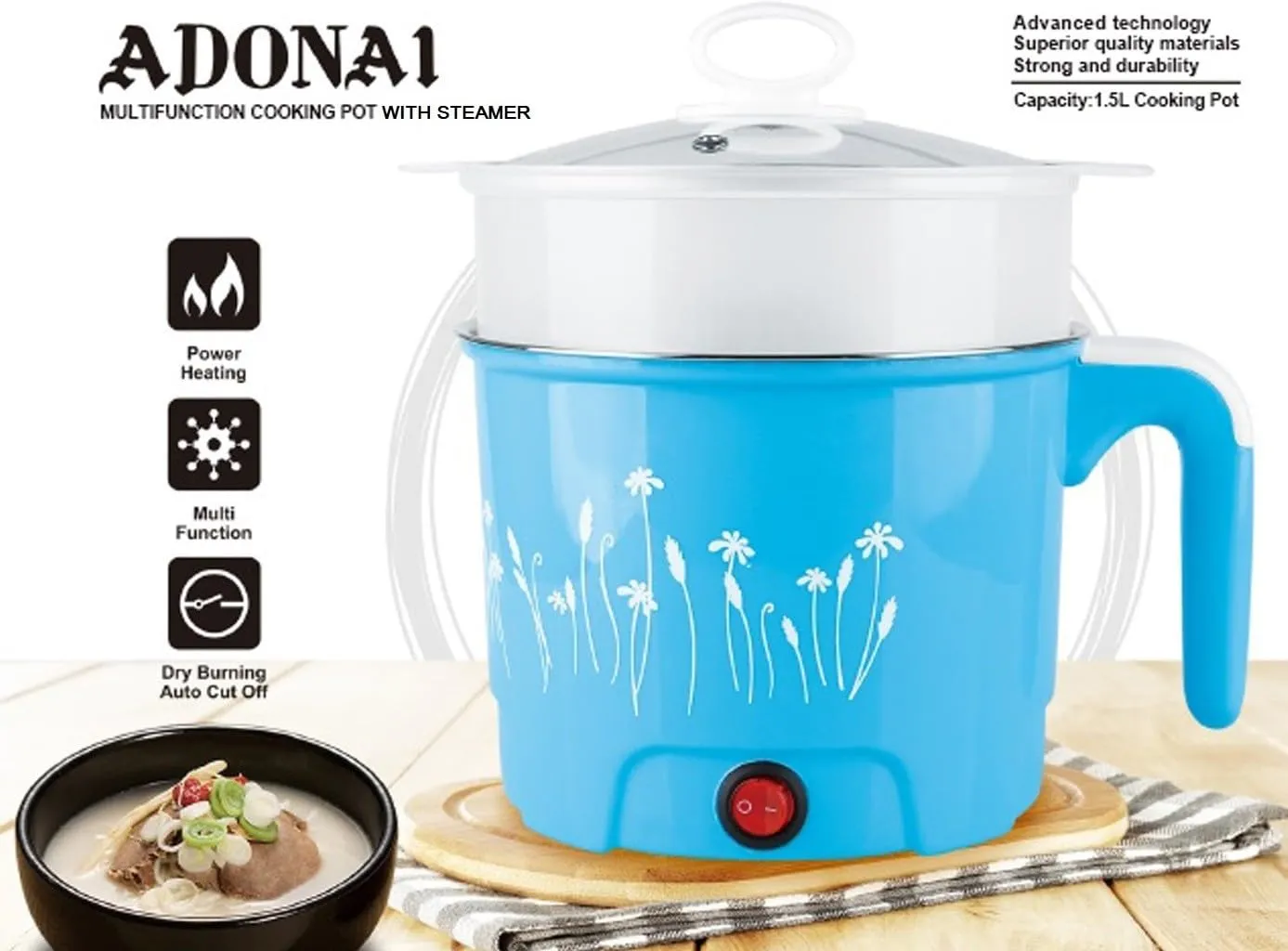 G R 1.5 Litre Electric Cooker | Rice Cooker, Food Steamer, Egg Boiler, Travel Cooker | Stainless Steel Lid | Cool Touch Handles | Detachable Power Cord - Blue