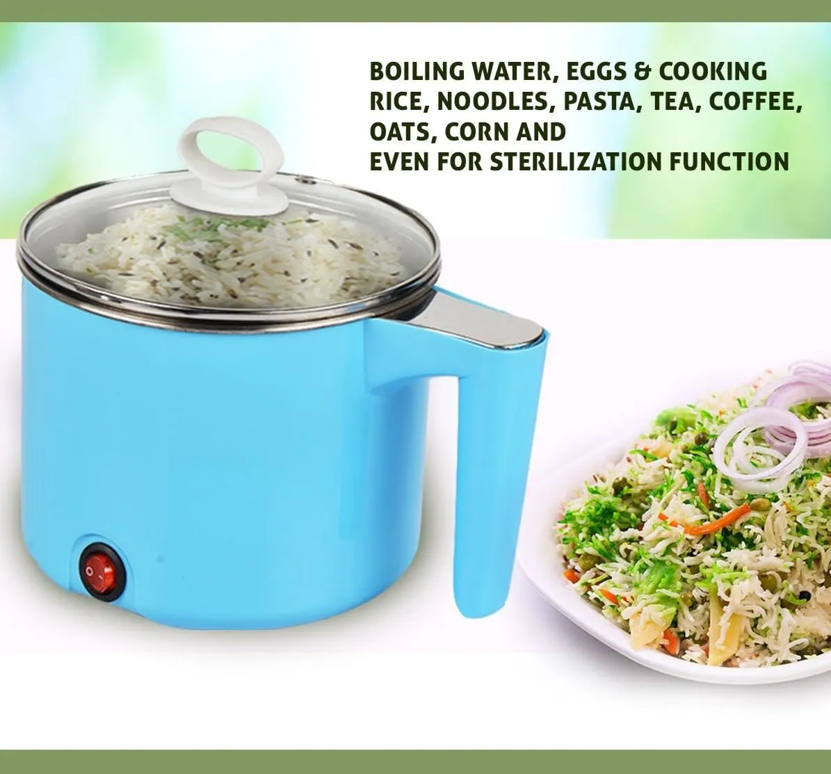 G R 1.5 Litre Electric Cooker | Rice Cooker, Food Steamer, Egg Boiler, Travel Cooker | Stainless Steel Lid | Cool Touch Handles | Detachable Power Cord - Blue