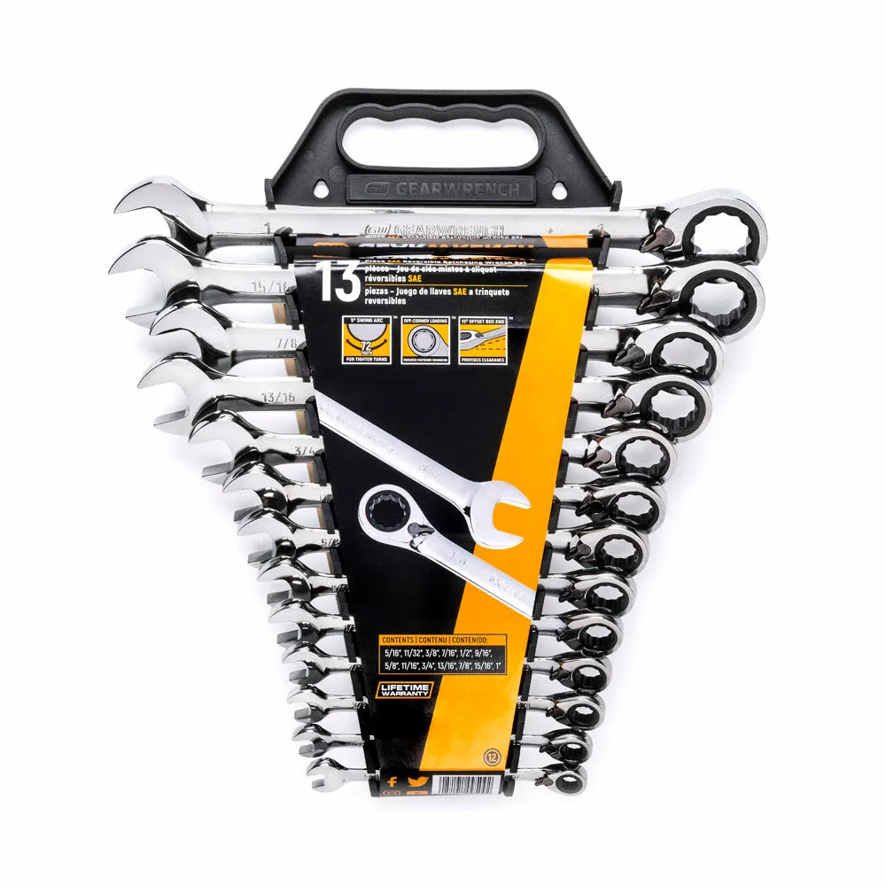 GearWrench 9509N 13 Pc. 72-Tooth 12 Point Reversible Ratcheting Combination SAE Wrench Set