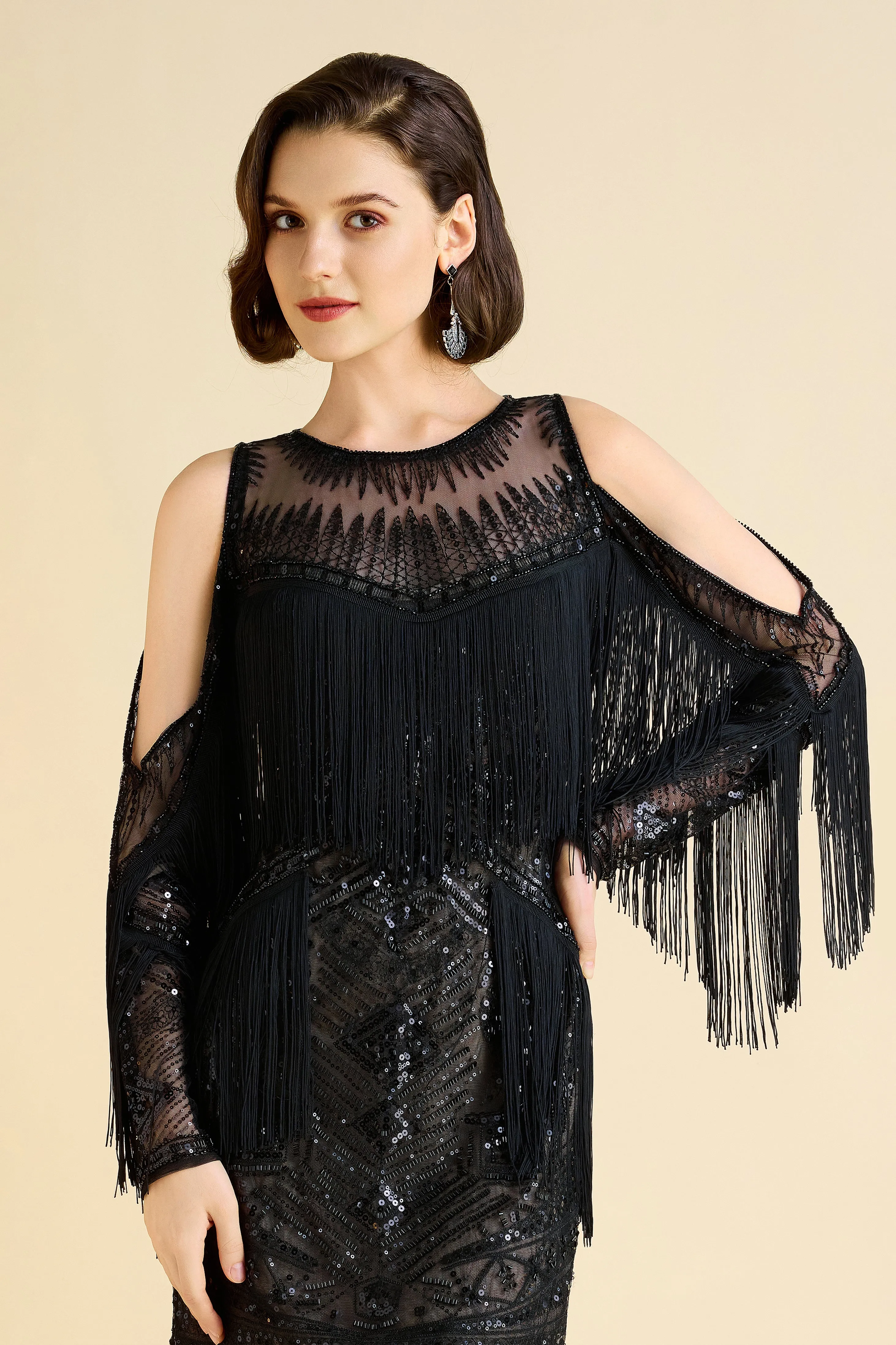 Glamorous Off-Shoulder Beaded Fringe Flapper Dress