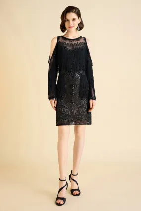 Glamorous Off-Shoulder Beaded Fringe Flapper Dress