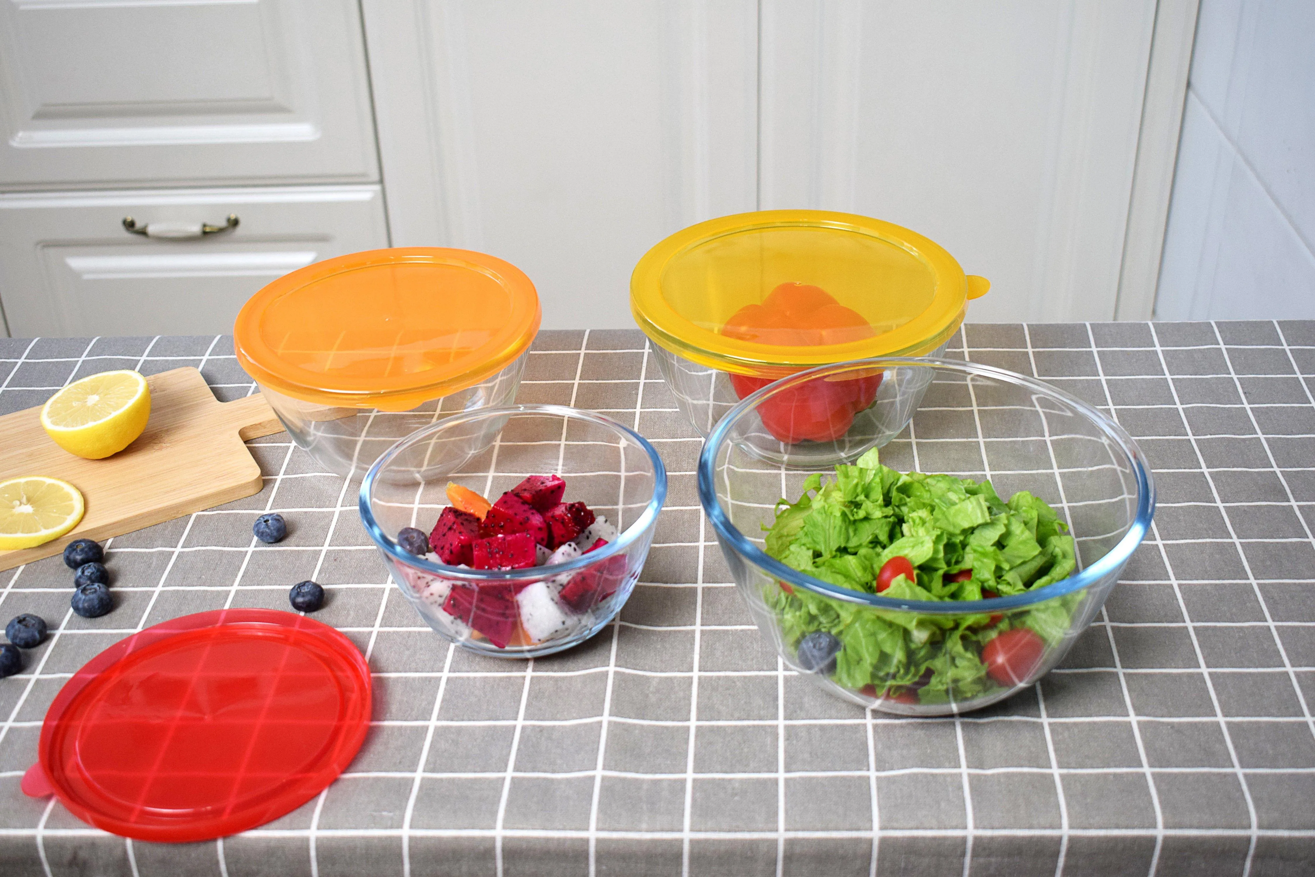 Glass Mixing Bowls with Orange Lids