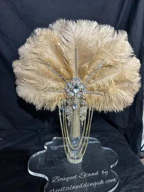 Gold Champagne  feather fan bouquet cascade, pink Great Gatsby wedding style 1920's - any colour as custom made by Crystal wedding uk