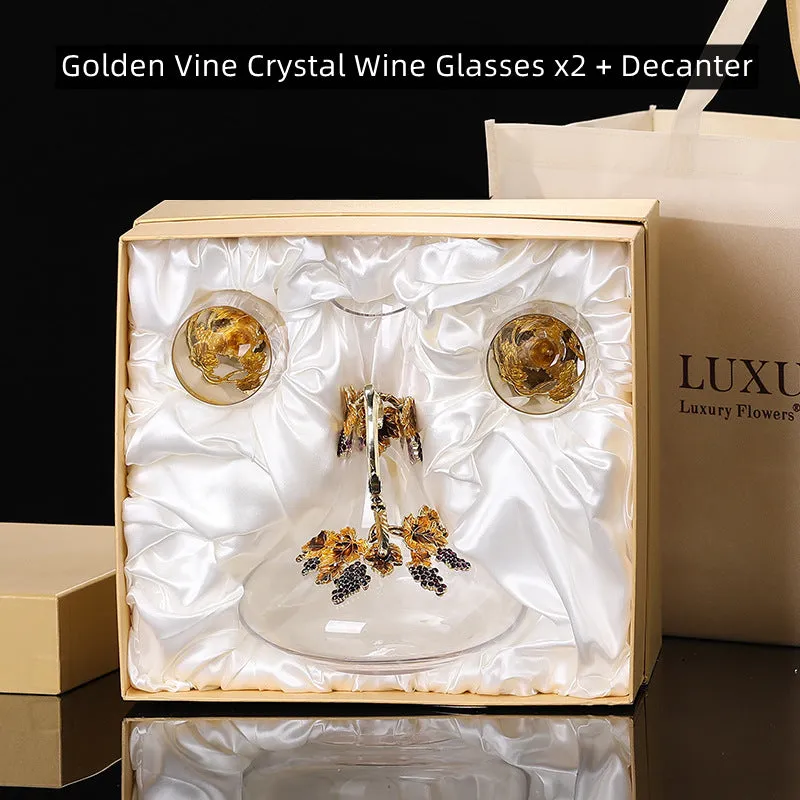 Golden Vine Crystal Wine Glasses with Decanter Suitcase Set