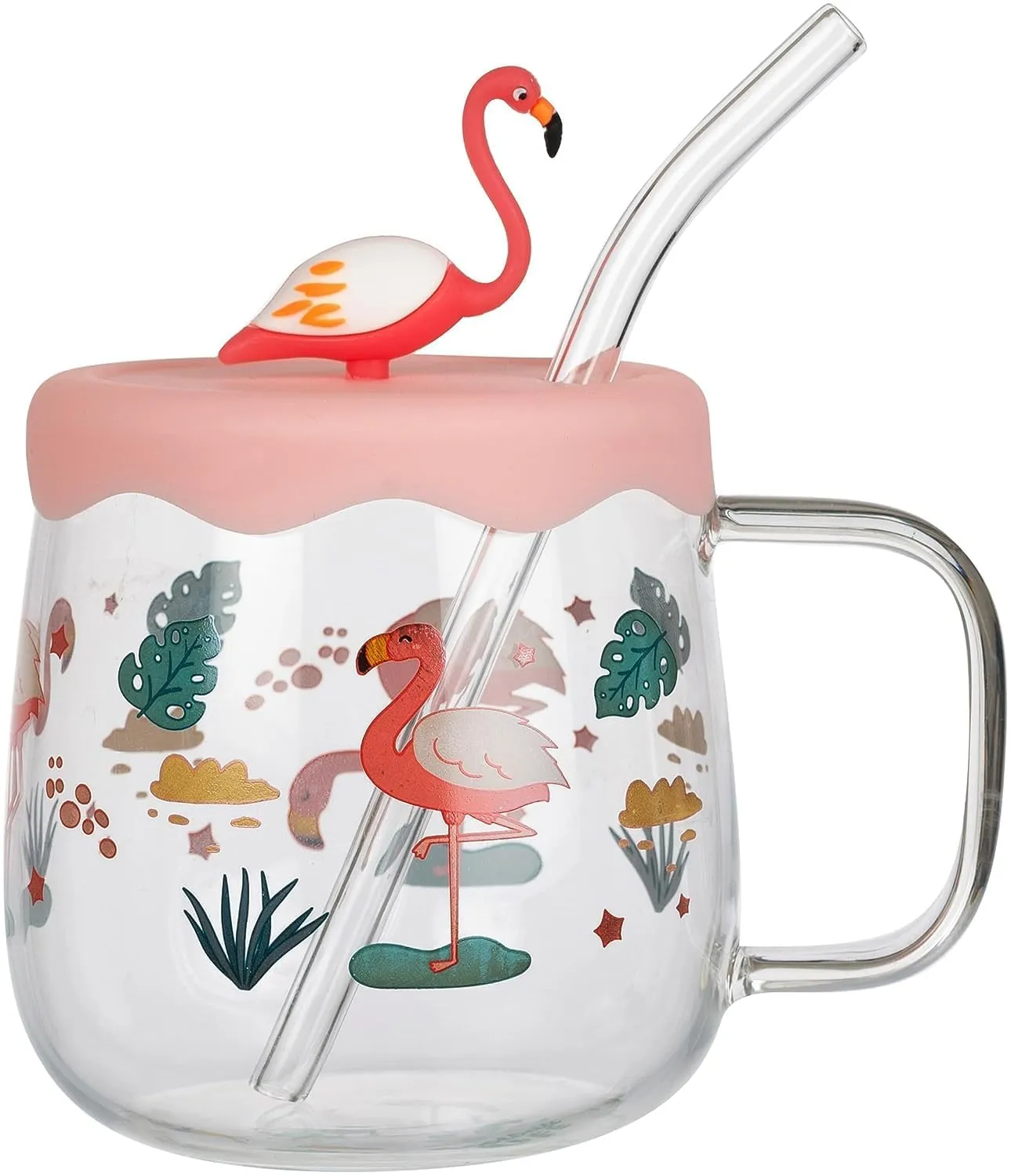 GRETZOMALL Glass Cute Printed Cup Mug with Handle | 3D Flamingo Character Transparent Mug with Straw and Rubber Lid Mug for Kids, Youngsters and Adult for Drinking Milk, Coffee, Smoothie, Tea etc