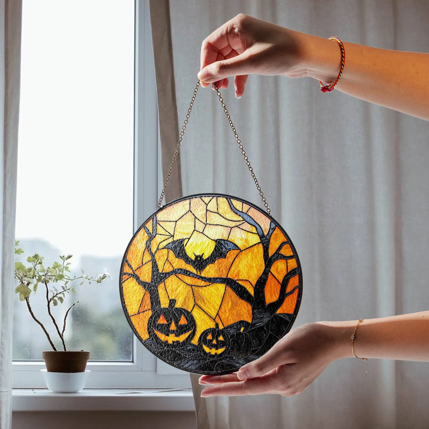 Halloween Stained Glass Suncatcher Collection | Decorative Window Hanging | 2 Sizes | Holiday Decor Accents | Creepy Nights