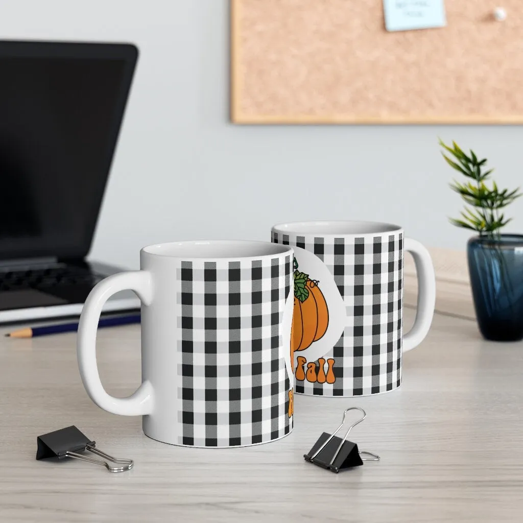 Happy Fall mug - Pumpkin Garden Mug with Buffalo Plaid Design - Outdoor Fall Decor - Print on Front Side Mug 11oz