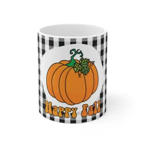 Happy Fall mug - Pumpkin Garden Mug with Buffalo Plaid Design - Outdoor Fall Decor - Print on Front Side Mug 11oz