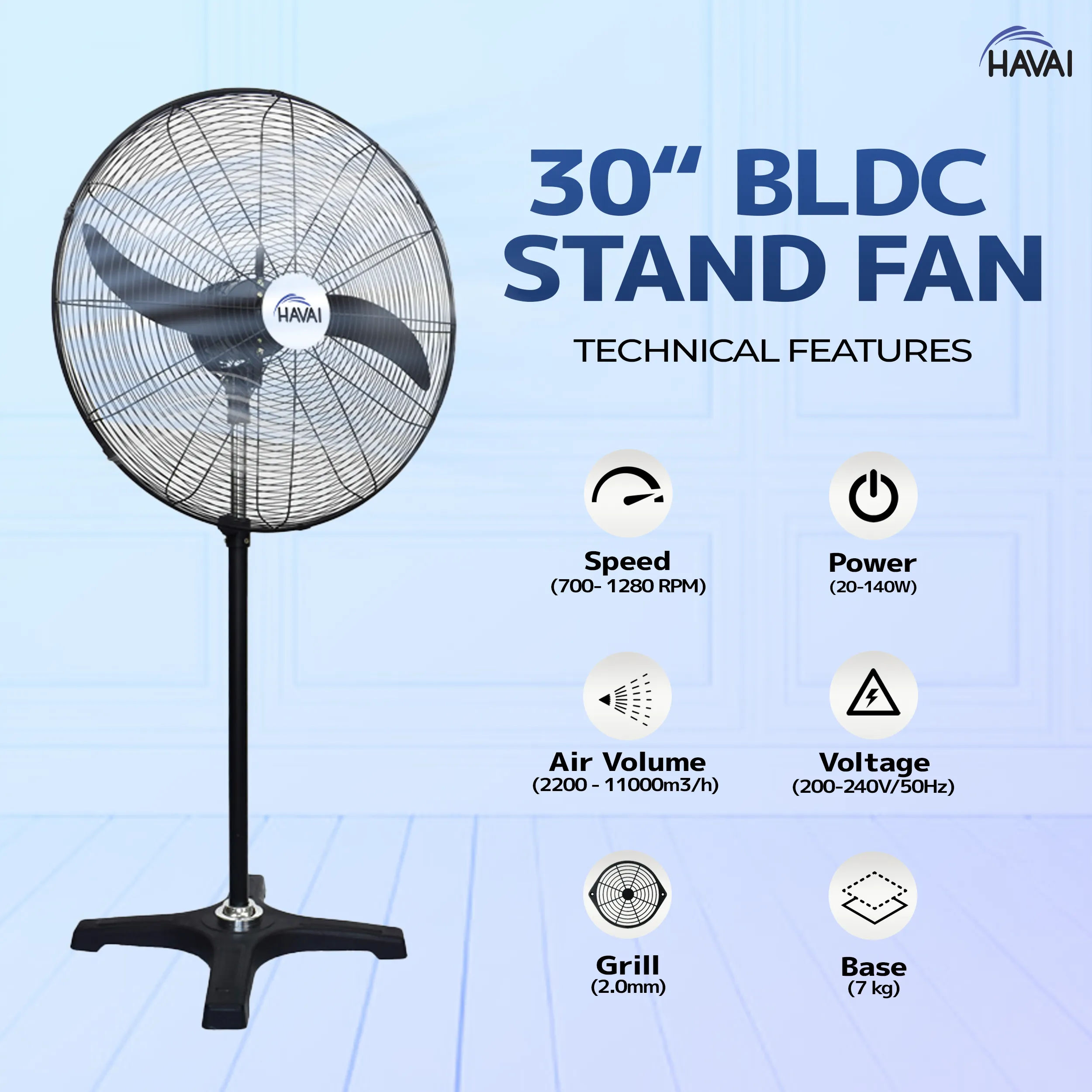 Havai BLDC Pedestal Fan 30 Inch, 50% Savings On Electricity, High Velocity, Heavy Duty Metal For Industrial, Commercial And Residential Use, Assembly Included , Black