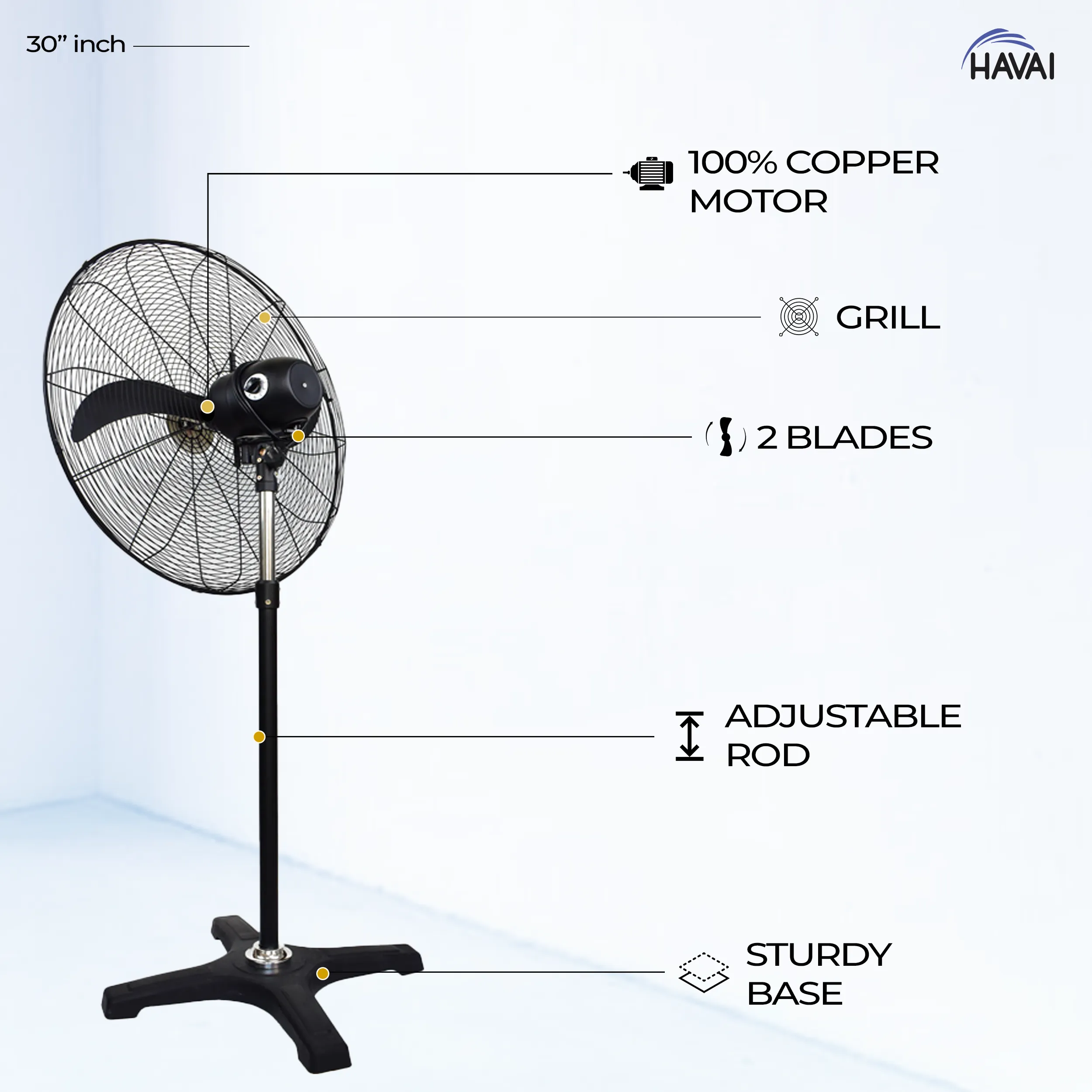 Havai BLDC Pedestal Fan 30 Inch, 50% Savings On Electricity, High Velocity, Heavy Duty Metal For Industrial, Commercial And Residential Use, Assembly Included , Black