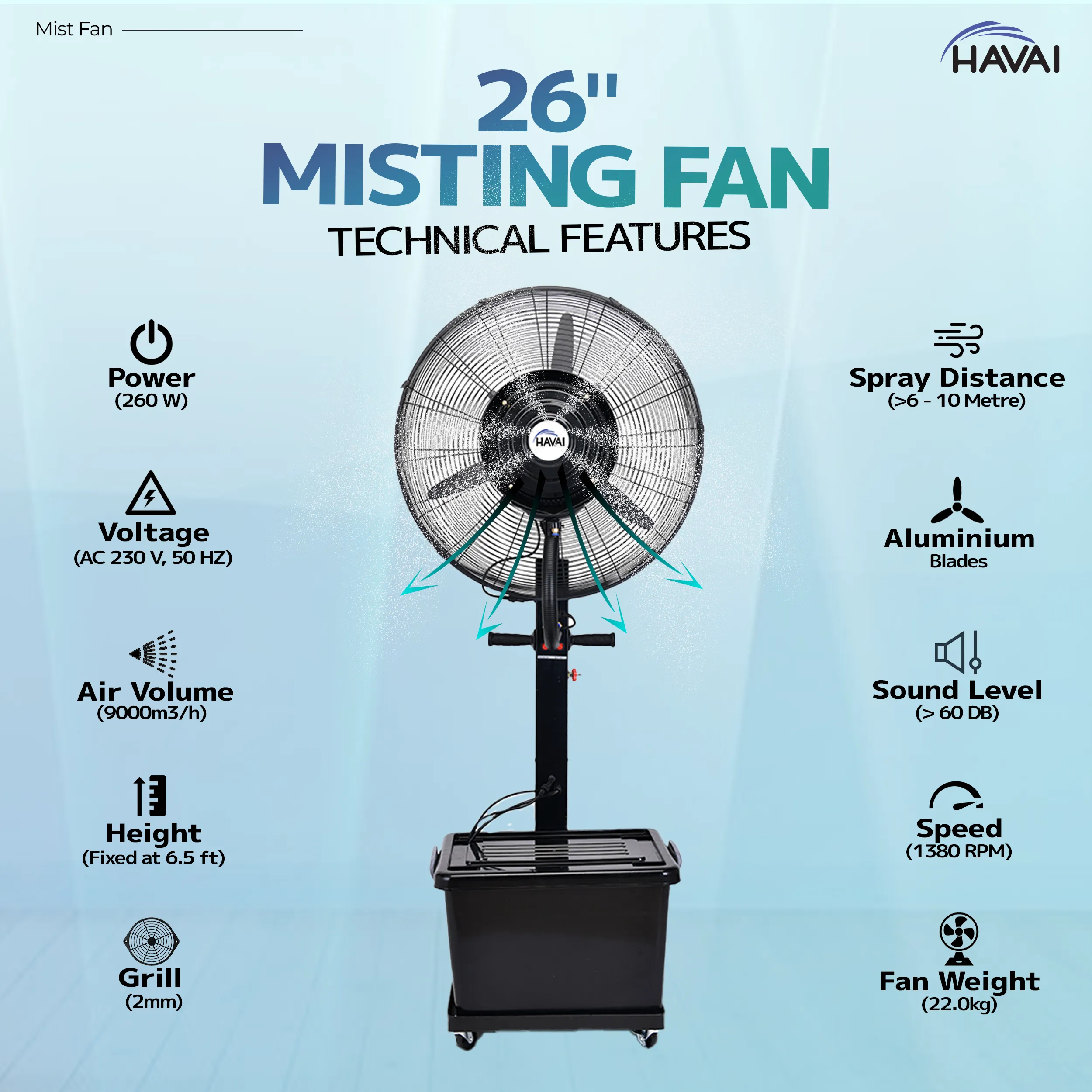 HAVAI Mist Fan 26 inch, 41 Litre Tank, Assembly Included