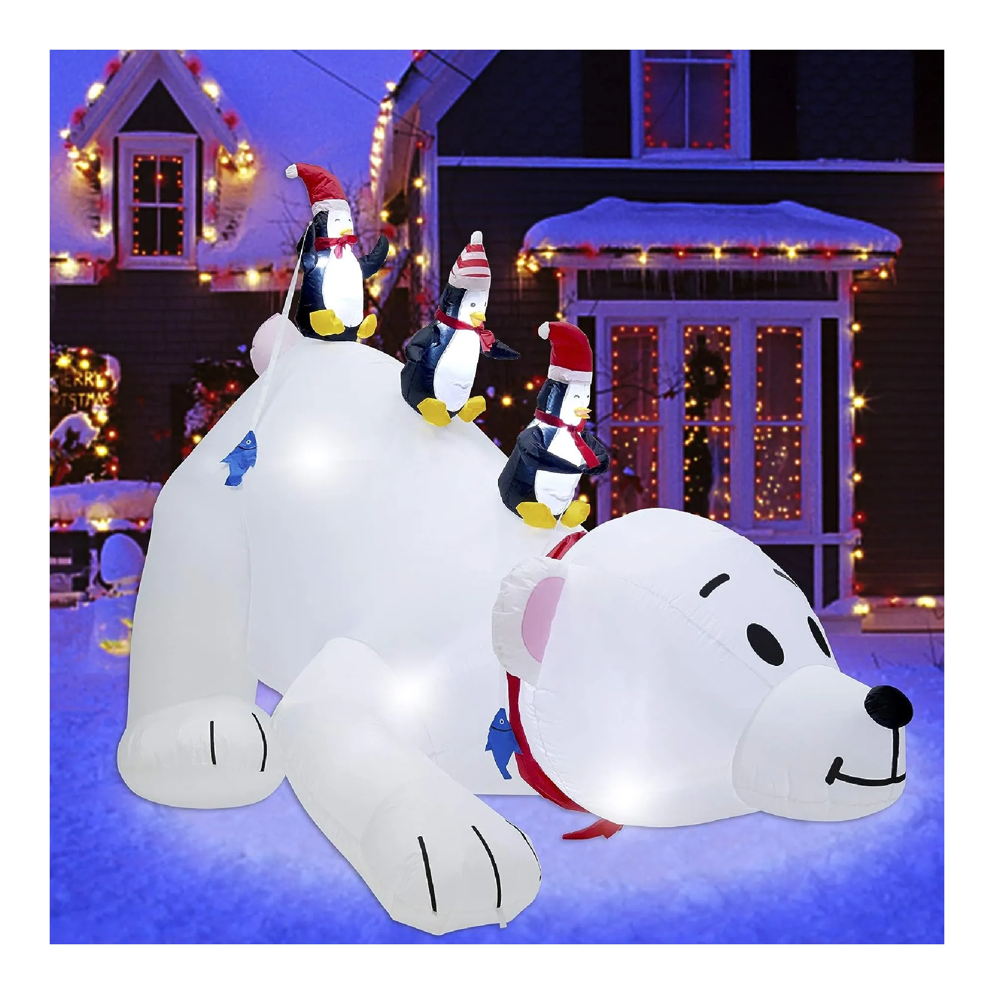 Juegoal Christmas 7.7(L) x 6 FT(H) Inflatables Lighted Polar Bear with Three Penguins, Blow Up White Bear Happy Fishing Penguin