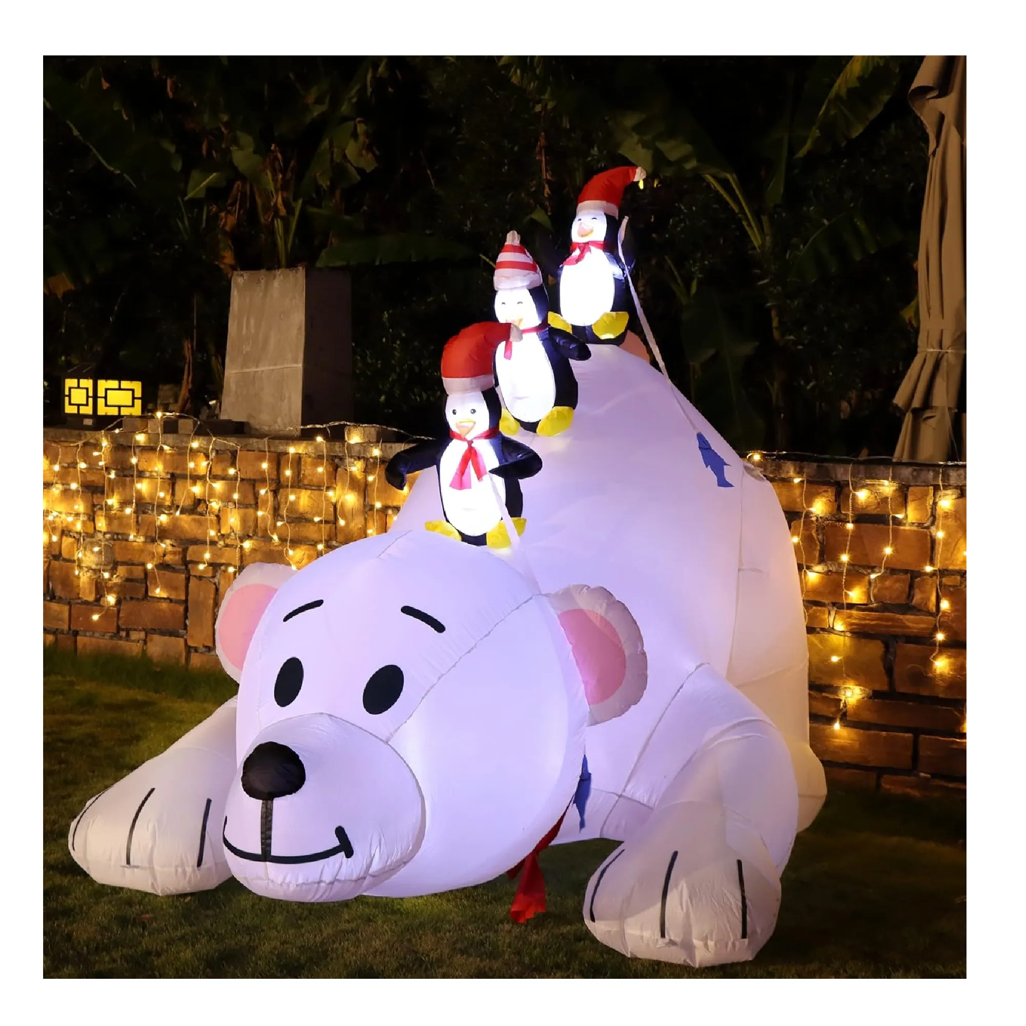 Juegoal Christmas 7.7(L) x 6 FT(H) Inflatables Lighted Polar Bear with Three Penguins, Blow Up White Bear Happy Fishing Penguin