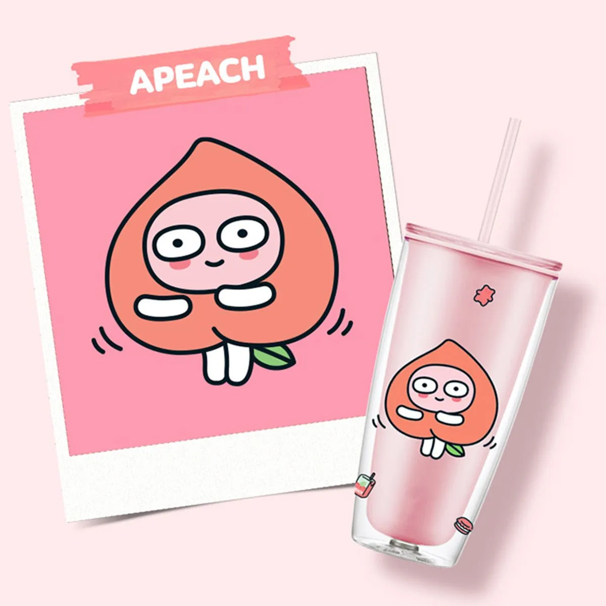 KAKAO FRIENDS Apeach 750ml Pink Double Straw Cup