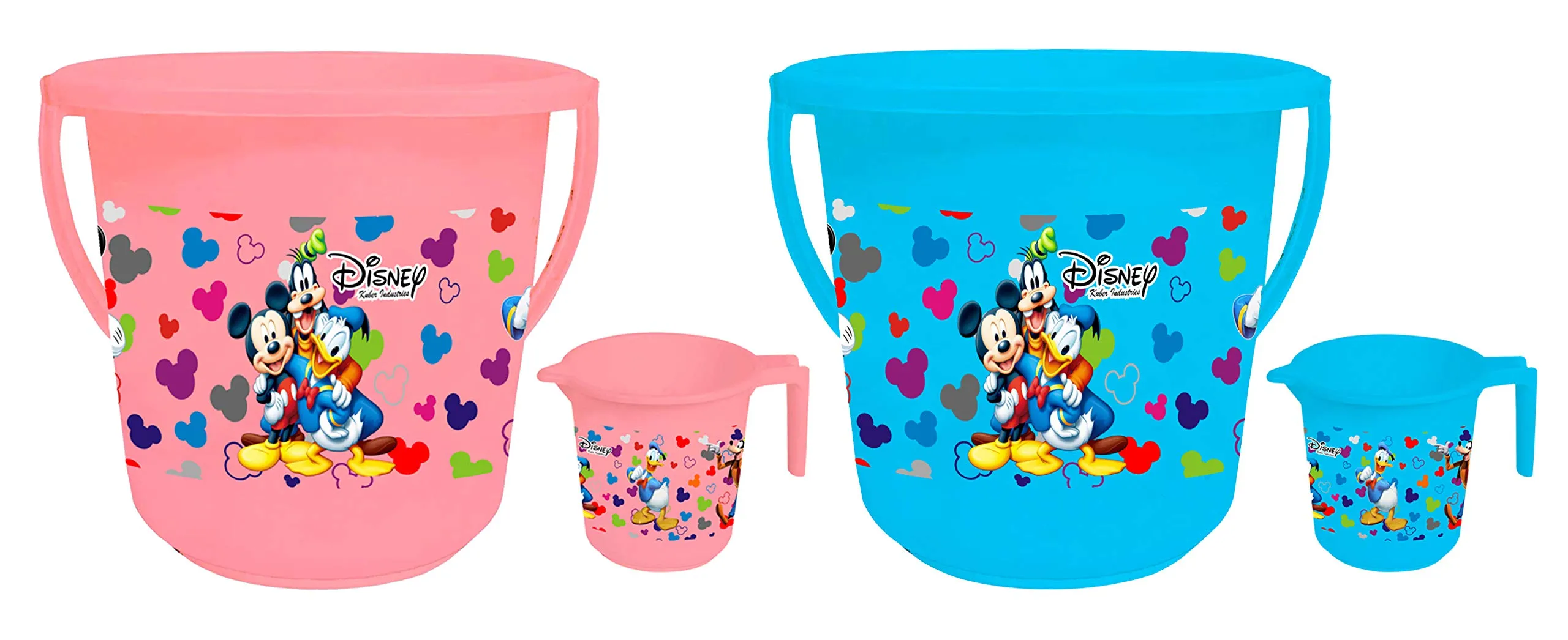 Kuber Industries Disney Team Mickey Print 4 Pieces Unbreakable Virgin Plastic Bathroom Bucket with Mug Set- Pink & Blue, (2 Pc 16 LTR Bucket & 2 Pc 500 ML Mug) -HS_35_KUBMARTS17504