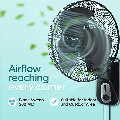 LONGWAY Speedy 12 1 Star 300 mm Energy Saving 3 Blade Wall Fan (Black, Pack of 1)