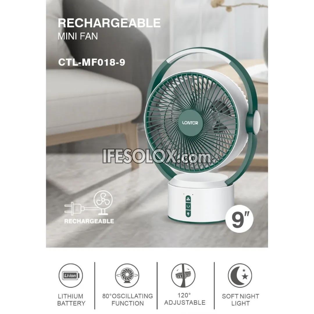 LONTOR 9" Rechargeable Mini Table Fan with 5-Blades and Harmonious Night Light (CTL-MF018-9) - Brand New