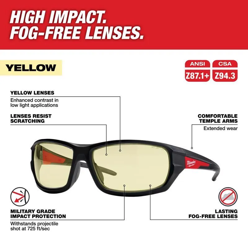 Milwaukee Performance Anti-Fog Impact-Resistant Safety Glasses Yellow Lens Black/Red Frame