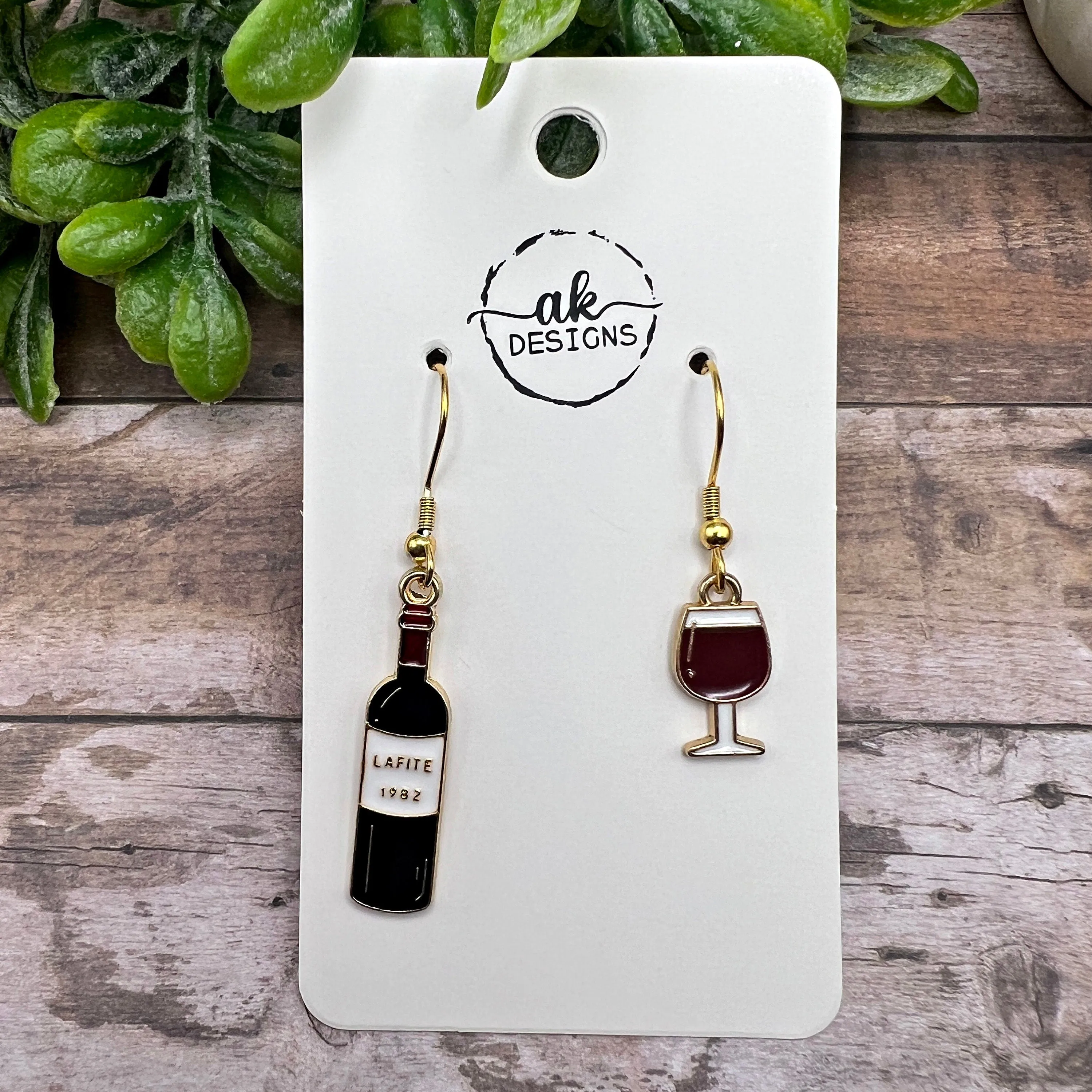 Mismatched Wine Bottle and Wine Glass Goldtone Enamel Earrings