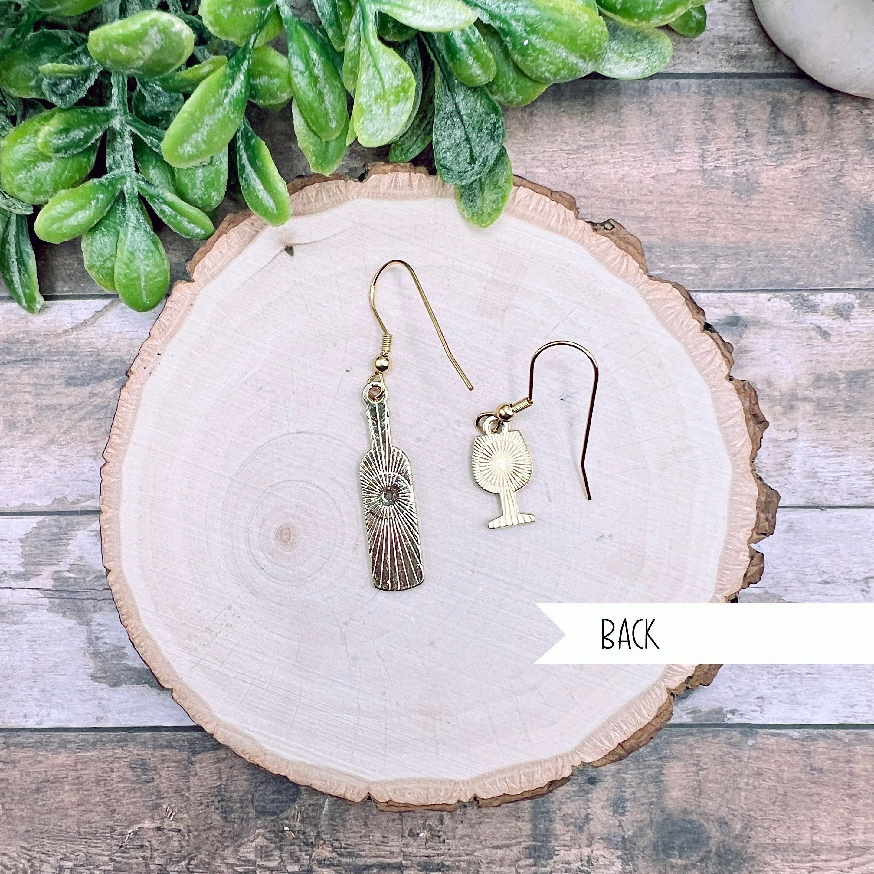 Mismatched Wine Bottle and Wine Glass Goldtone Enamel Earrings