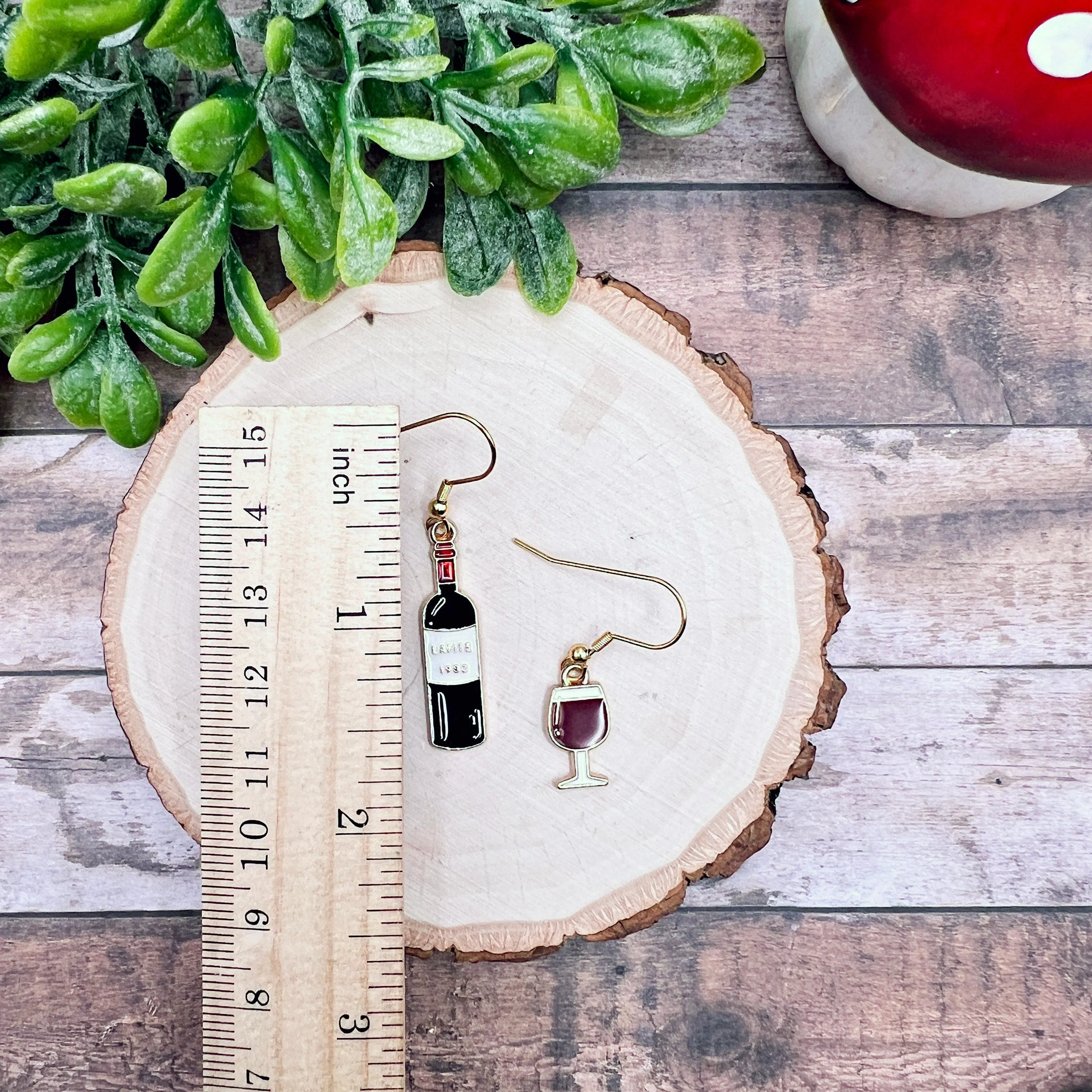 Mismatched Wine Bottle and Wine Glass Goldtone Enamel Earrings