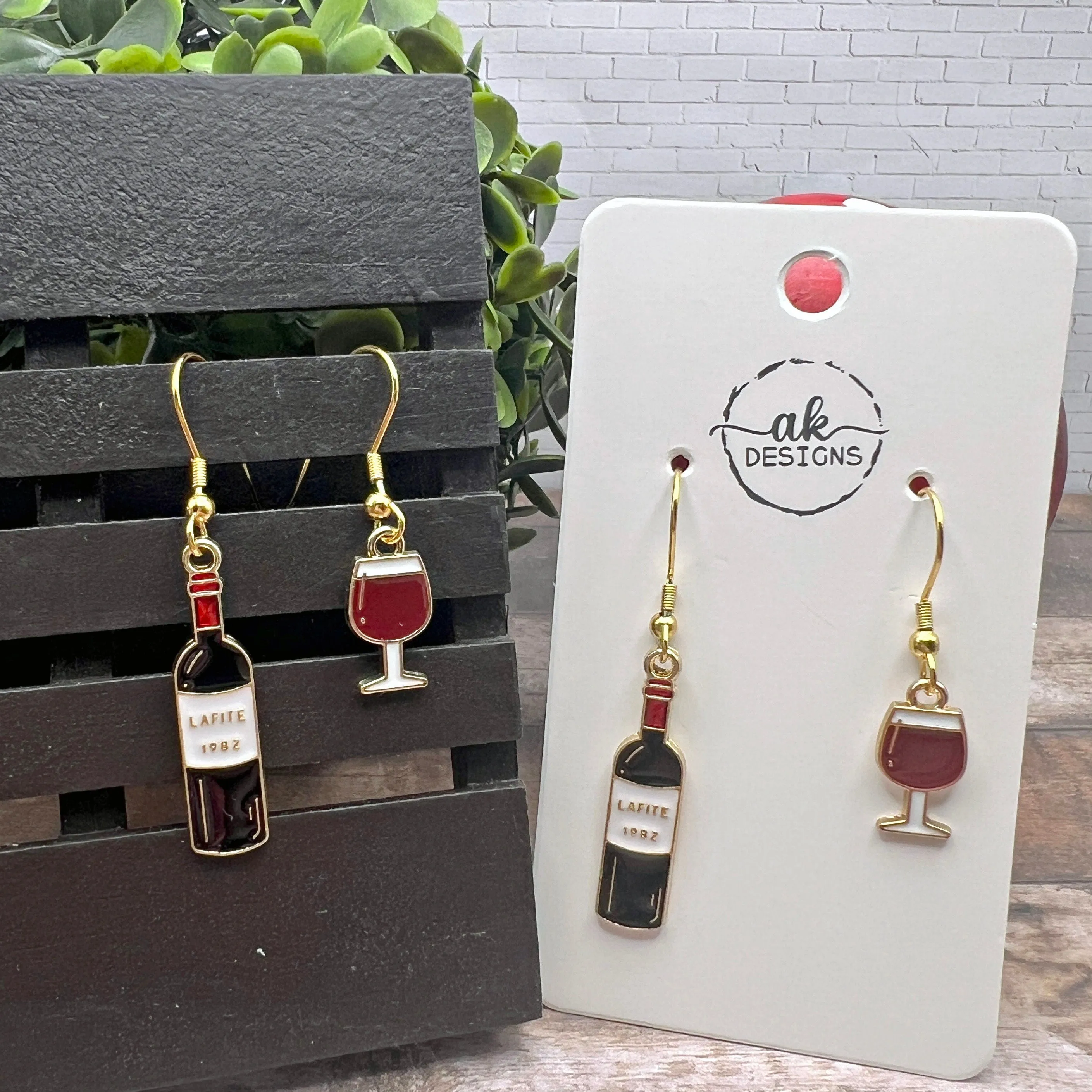 Mismatched Wine Bottle and Wine Glass Goldtone Enamel Earrings