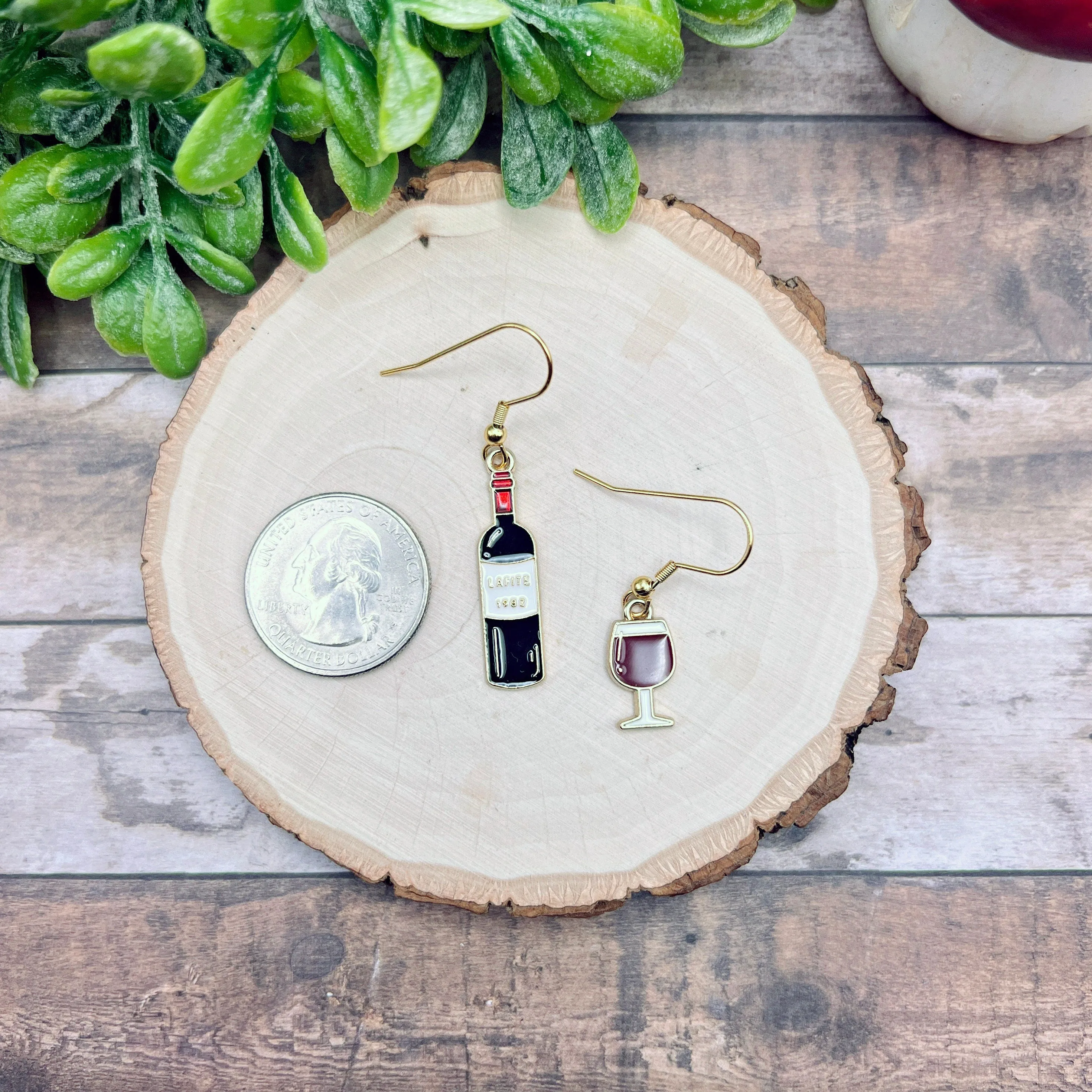 Mismatched Wine Bottle and Wine Glass Goldtone Enamel Earrings