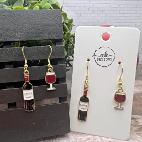 Mismatched Wine Bottle and Wine Glass Goldtone Enamel Earrings