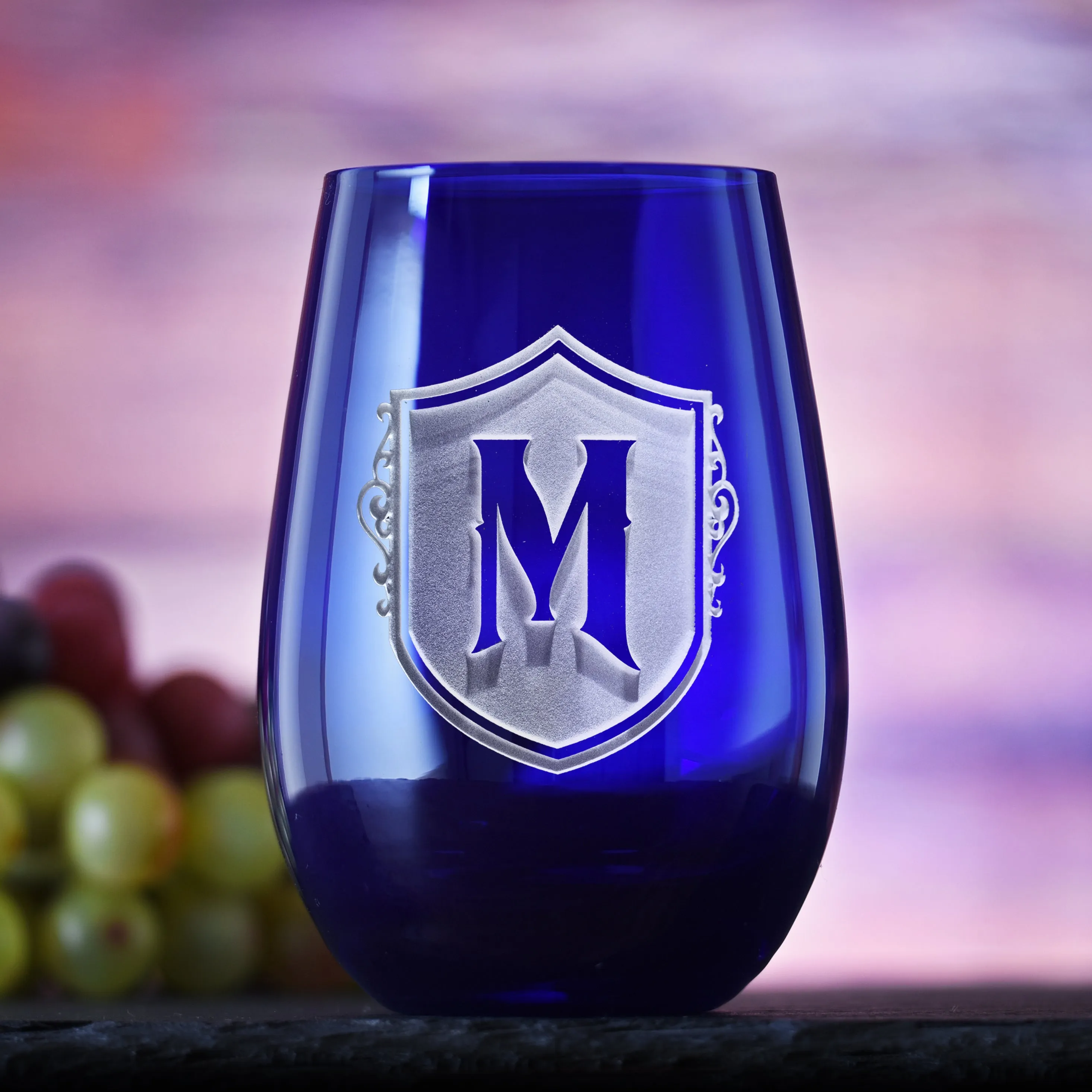 Monogrammed Blue Stemless Wine Glass Tumbler by Crystal Imagery