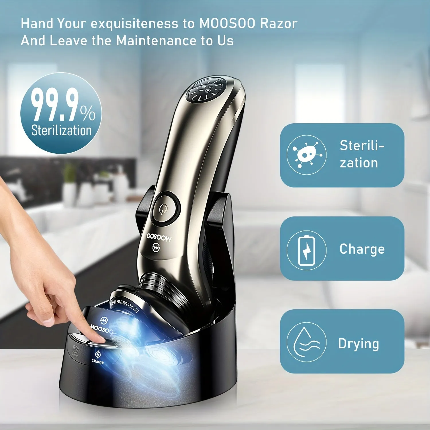 MOOSOO Electric Shaver for Men, Wet/Dry Men's Electric Razor with Clean Charge Station, Precision Trimmer, 5 Mins Fast Charging Technology, LCD Display, Perfect Gifts for Men Dad