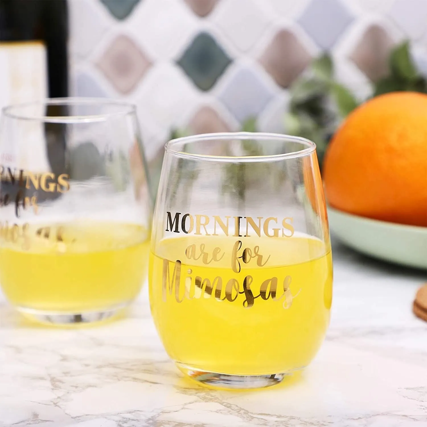 Mornings Are for Mimosas Stemless Wine Glass (16 oz, 2 Pack)