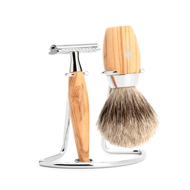 Muhle Kosmo 3-Piece Shaving Set with Safety Razor and Silvertip Badger brush, Olivewood