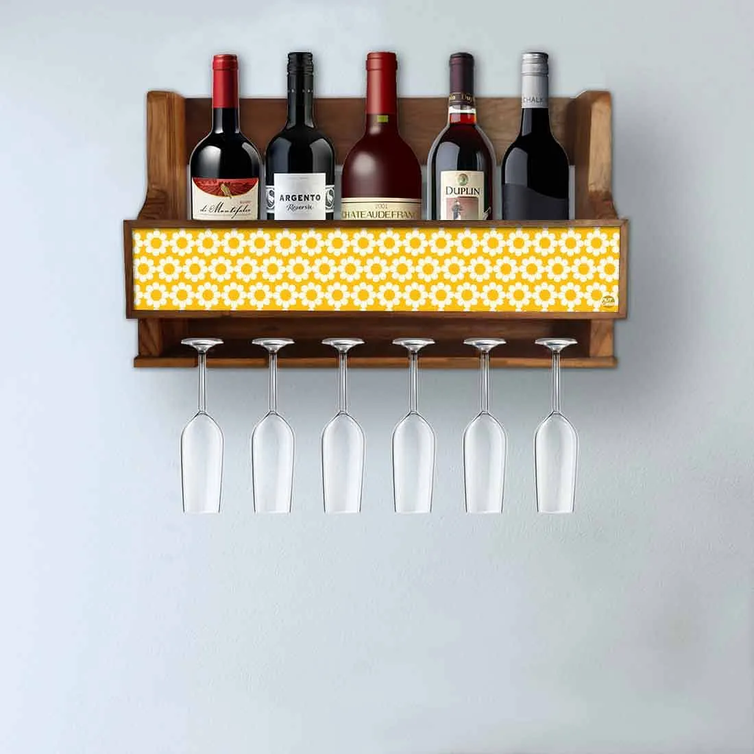 Nutcase Wooden Wine Holder Wall Mount Mini Bar for 5 Bottles 6 Glasses-Yellow Polka