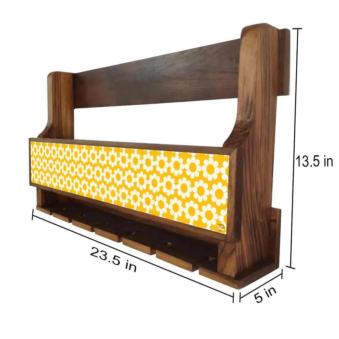 Nutcase Wooden Wine Holder Wall Mount Mini Bar for 5 Bottles 6 Glasses-Yellow Polka