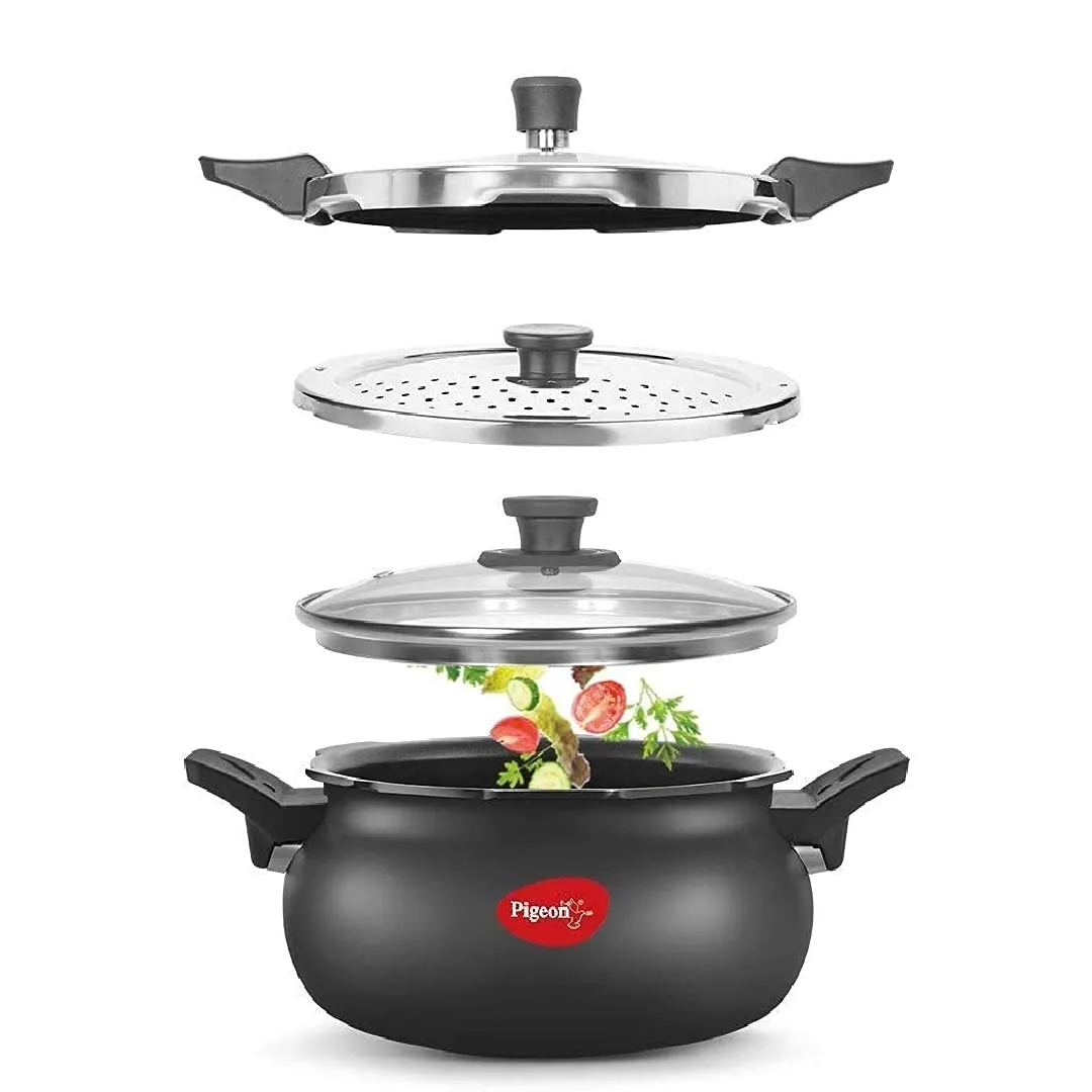 Pigeon By Stovekraft All in One Super Cooker Aluminium with Outer Lid Induction and Gas Stove Compatible 5 Litre Capacity for Healthy Cooking (Black)