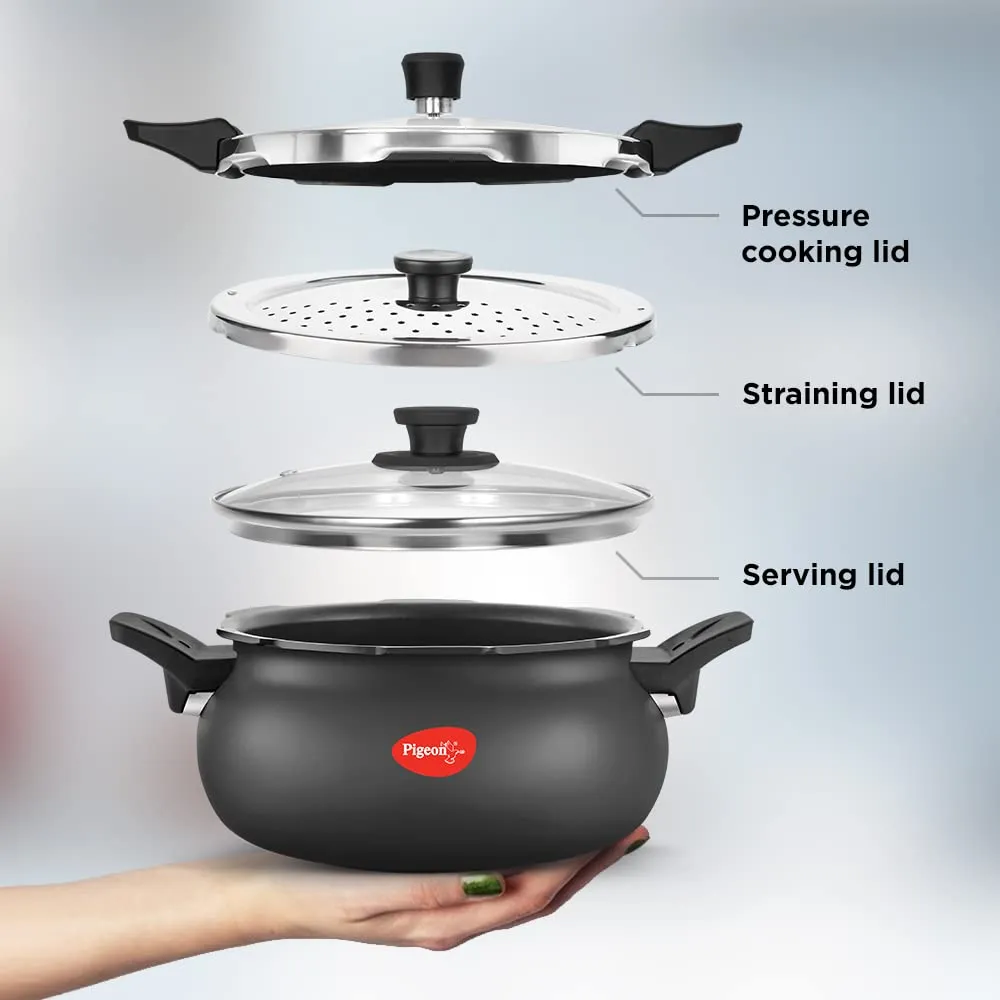 Pigeon By Stovekraft All in One Super Cooker Aluminium with Outer Lid Induction and Gas Stove Compatible 5 Litre Capacity for Healthy Cooking (Black)