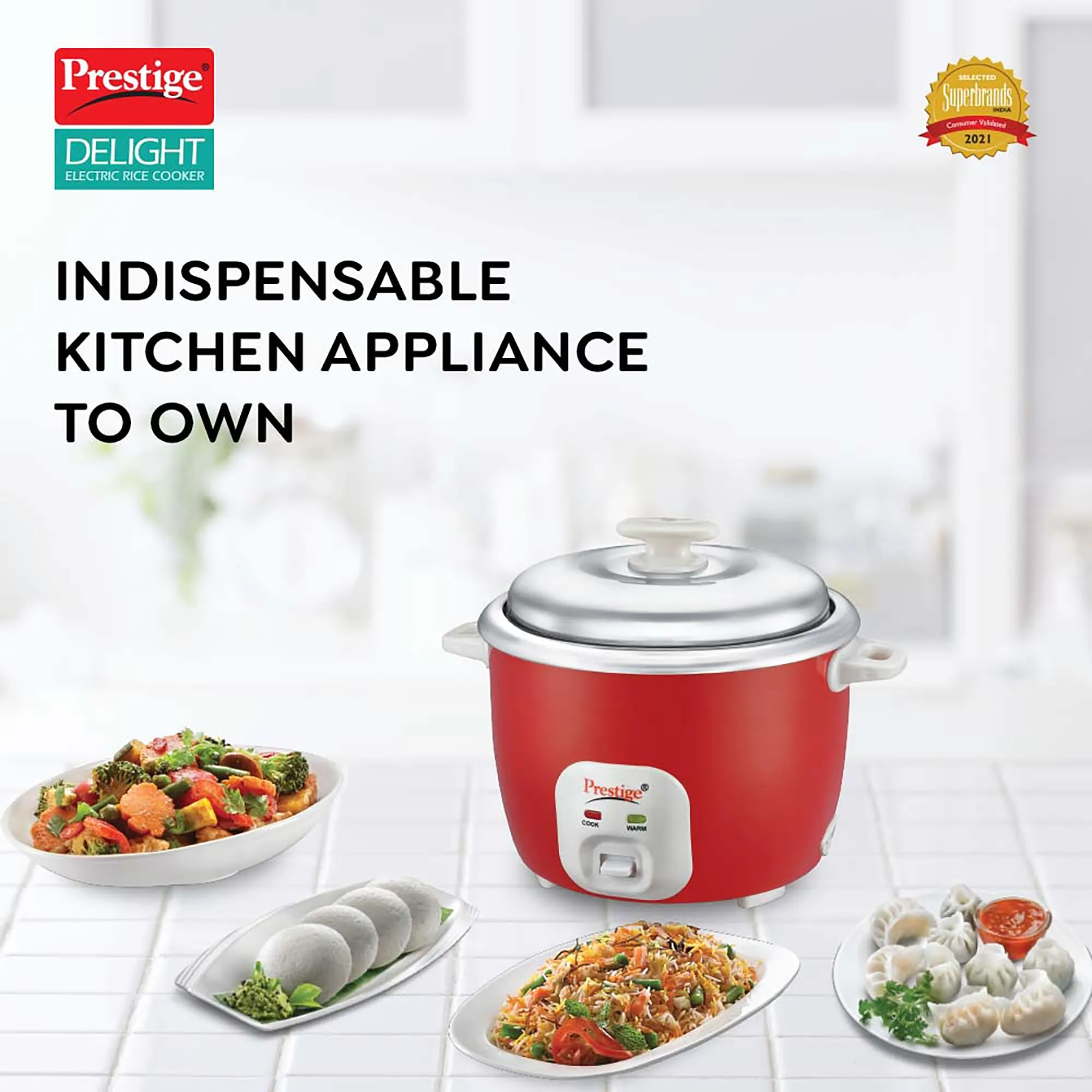 Prestige Delight Cute 1.8 SS Bowl Electric Rice Cooker(1.8L for Rice-Open Type, Silky Red, with Stainless Steel Cooking Pan 4.4L Volume,700 W)