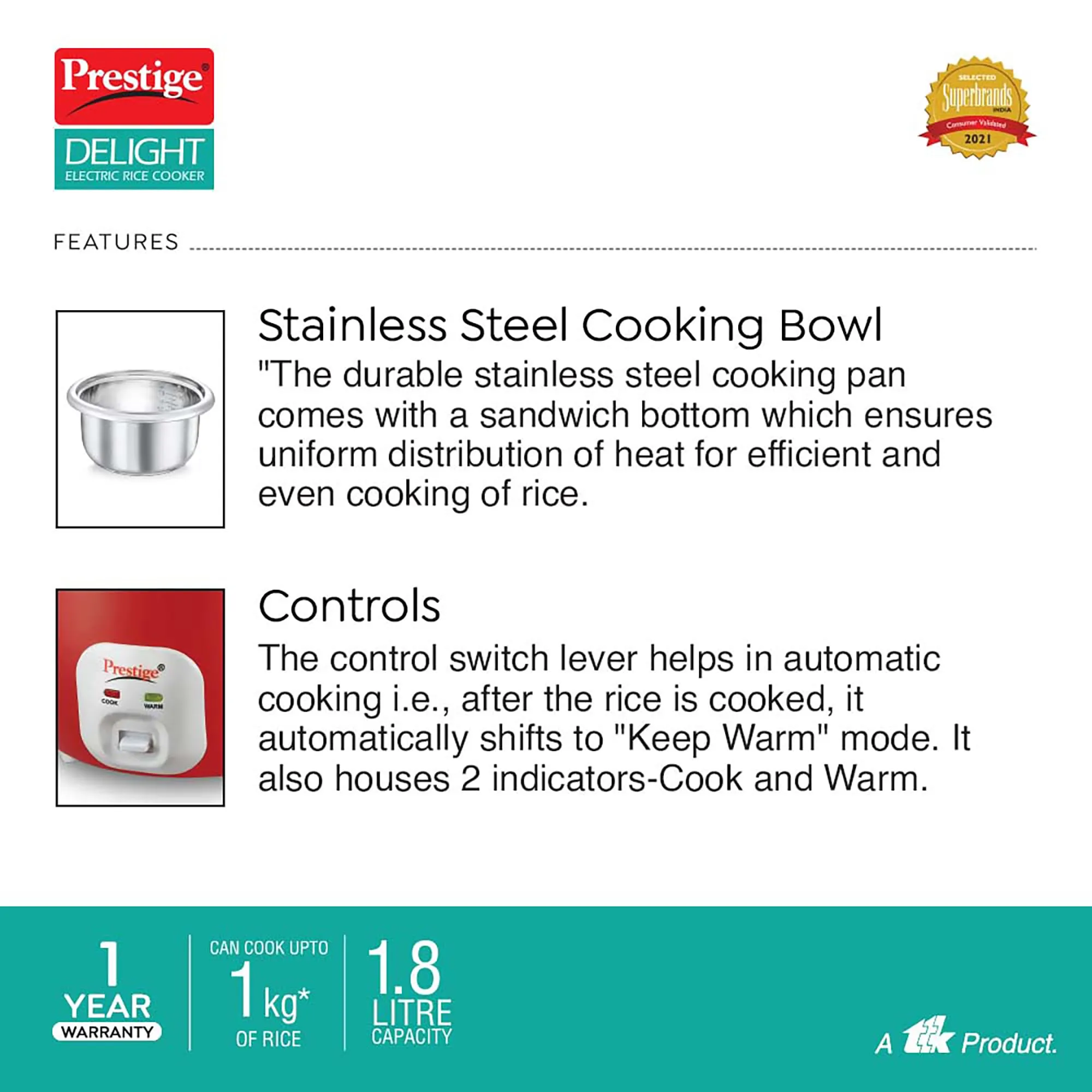 Prestige Delight Cute 1.8 SS Bowl Electric Rice Cooker(1.8L for Rice-Open Type, Silky Red, with Stainless Steel Cooking Pan 4.4L Volume,700 W)