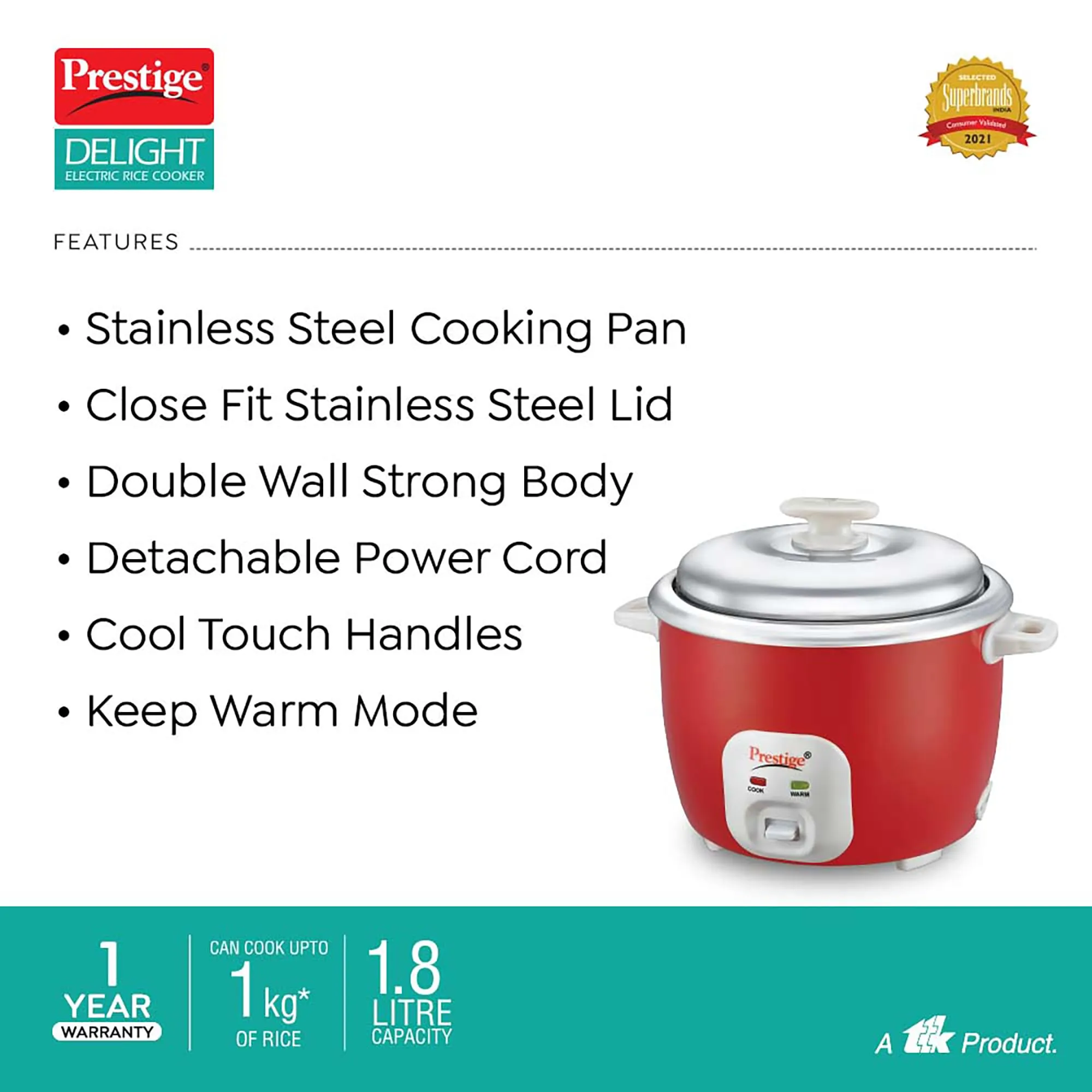 Prestige Delight Cute 1.8 SS Bowl Electric Rice Cooker(1.8L for Rice-Open Type, Silky Red, with Stainless Steel Cooking Pan 4.4L Volume,700 W)