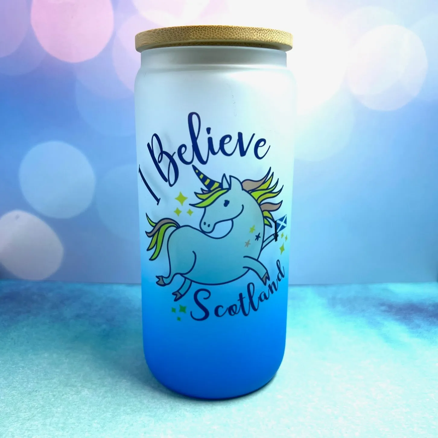 "I Believe, Scotland" Unicorn 16oz Frosted Beer Can Glass with Bamboo Lid and Straw