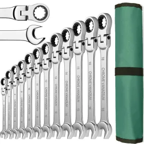 Ratchet Spanner Wrench Set 8-22mm Gear Ring Ratcheting Combination Wrench Kit Metric Flexible Head with Canvas Bag