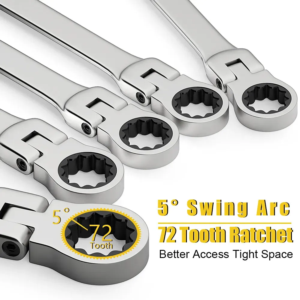 Ratchet Spanner Wrench Set 8-22mm Gear Ring Ratcheting Combination Wrench Kit Metric Flexible Head with Canvas Bag